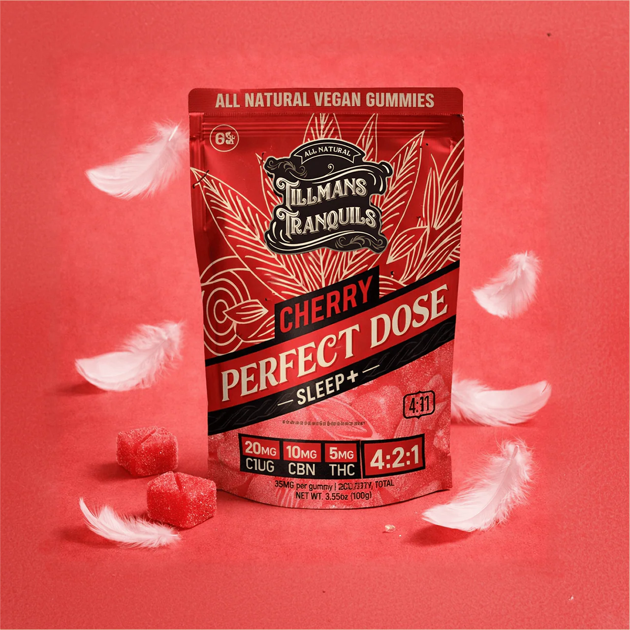 Cherry Sleep+ gummies with CBD, CBN & 5mg THC in a 4:2:1 blend — deeper rest, only at LiftoffSmoke.